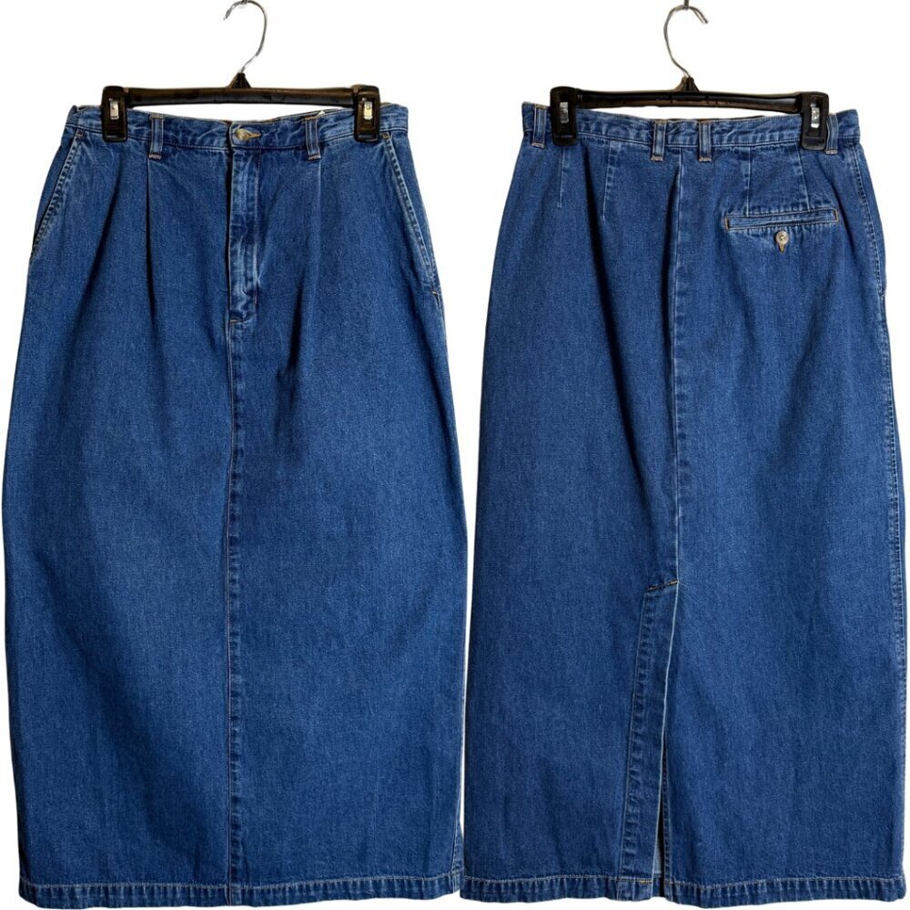 Vintage Eddie Bauer Cotton Denim Midi Skirt Women's 10 Blue Slit Retro Pleated
